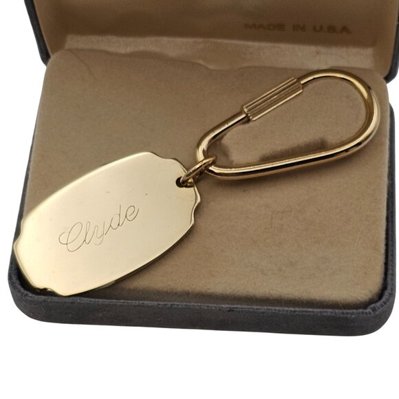 Foster Gold Tone Keychain "Clyde" Engraving In Original Box 3" Made in USA - Picture 6 of 16